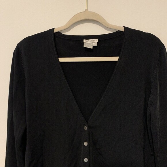 WORTH Womens Size Small Black Rayon Slinky Stretch Crop Button Cardigan Sweater - Picture 2 of 4